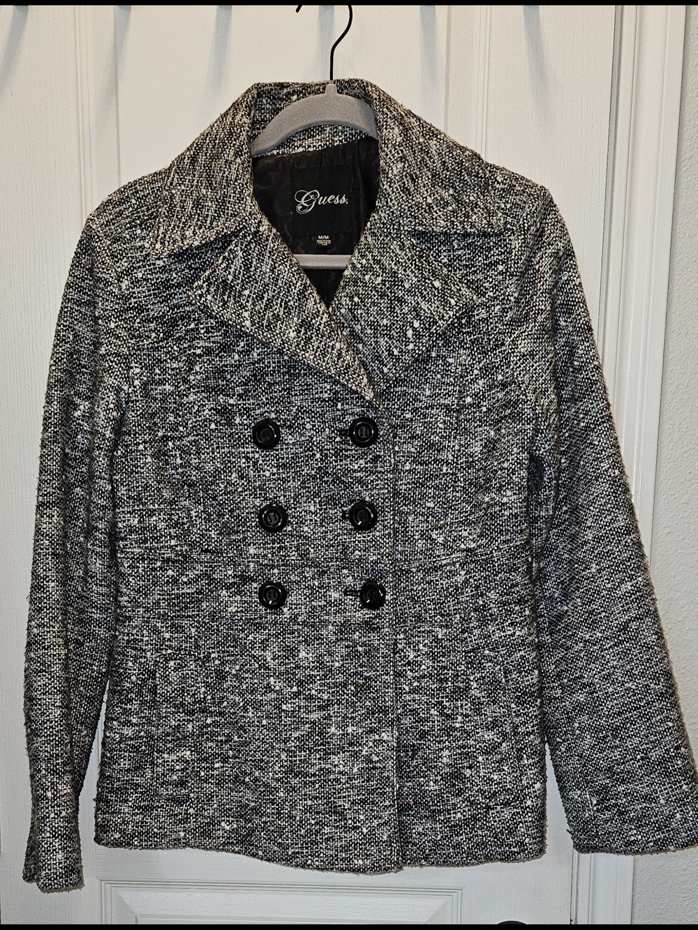 Guess Women's Size M Black & White Tweed Double-Breasted Peacoat Vintage